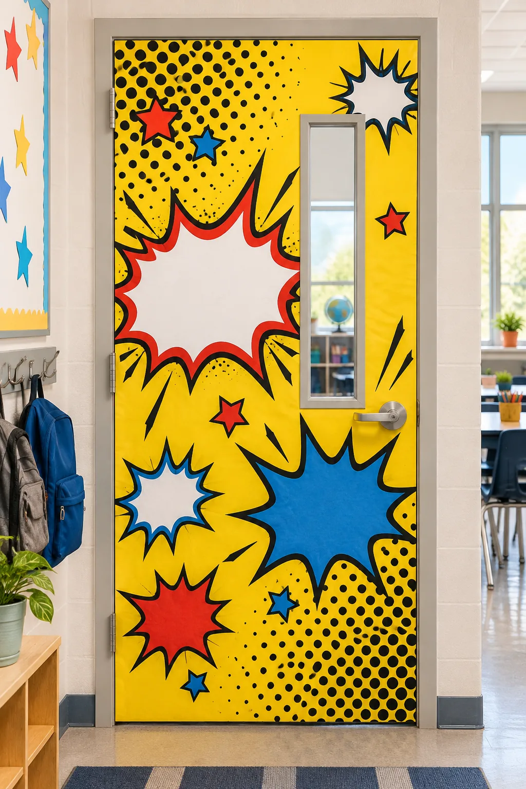 Bright yellow classroom door with comic book style halftone dots and burst speech bubbles.