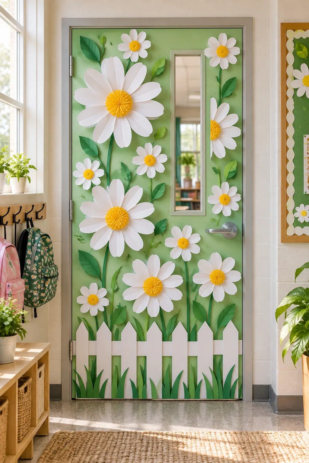 Pastel green door covered in large 3D paper daisies and a white picket fence cutout.