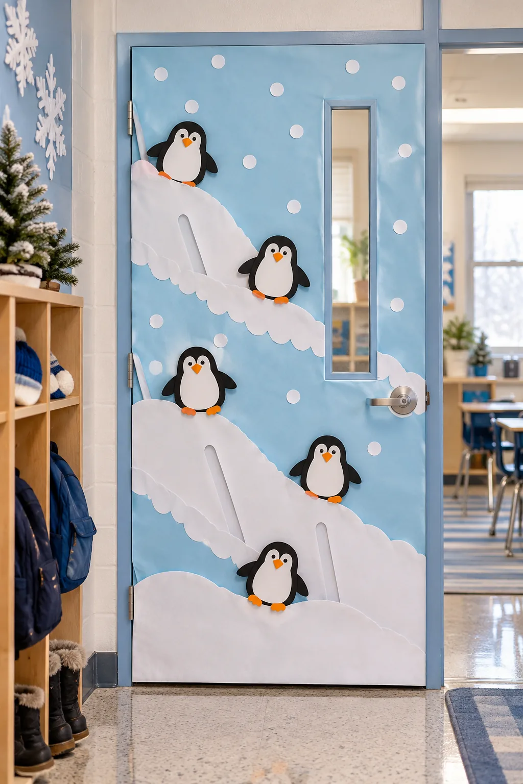 Ice blue door with white paper snowdrifts and sliding cardstock penguins.