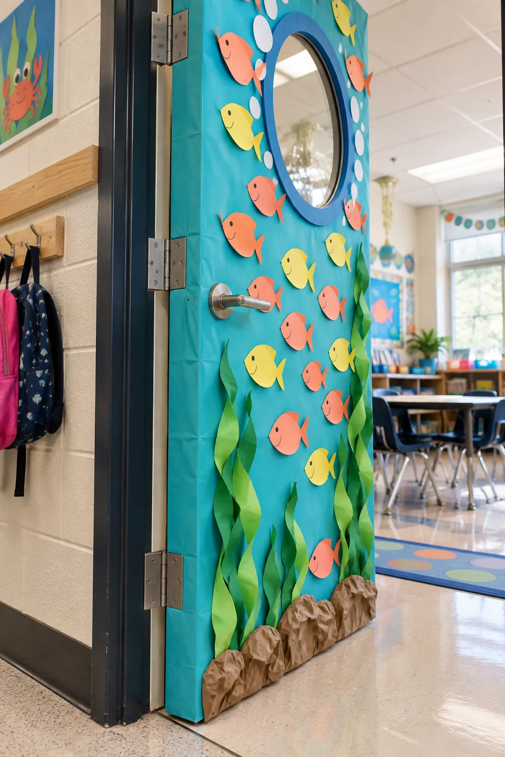 Edge of a steel door wrapped tightly in a bright turquoise plastic tablecloth.