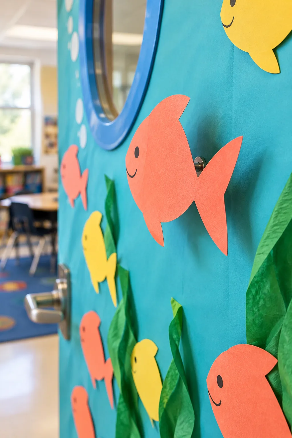 Hand lifting a coral paper fish to reveal a small round dark magnet attaching it to a turquoise door.