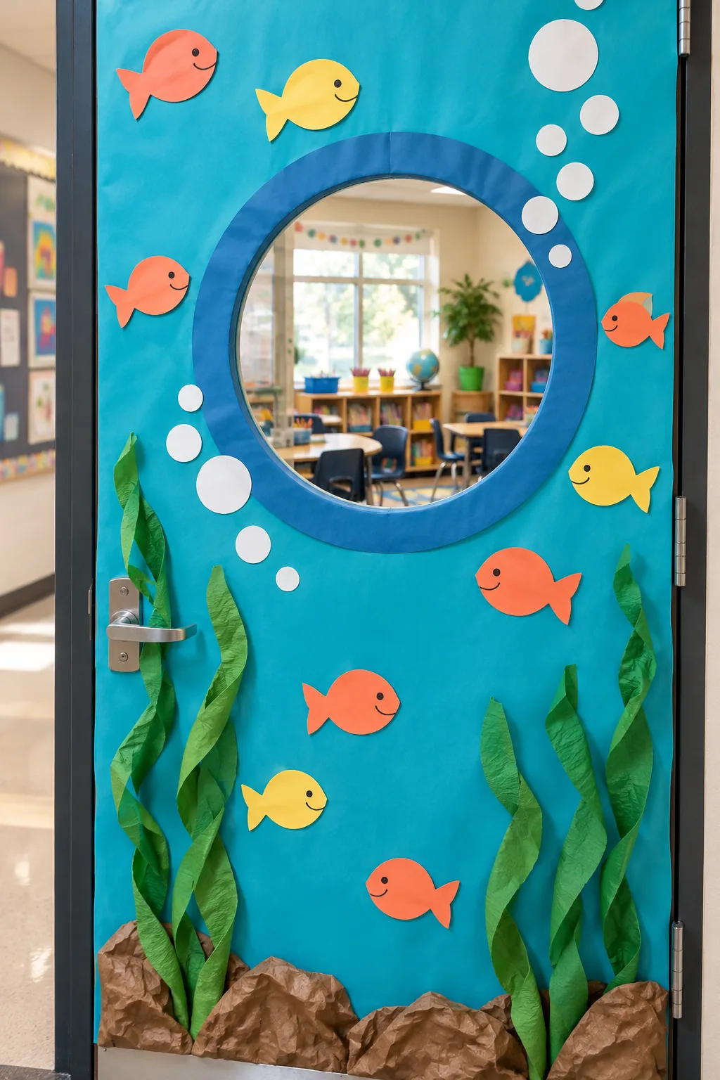 Rectangular door window framed by a circular light blue paper cutout resembling a fishbowl.