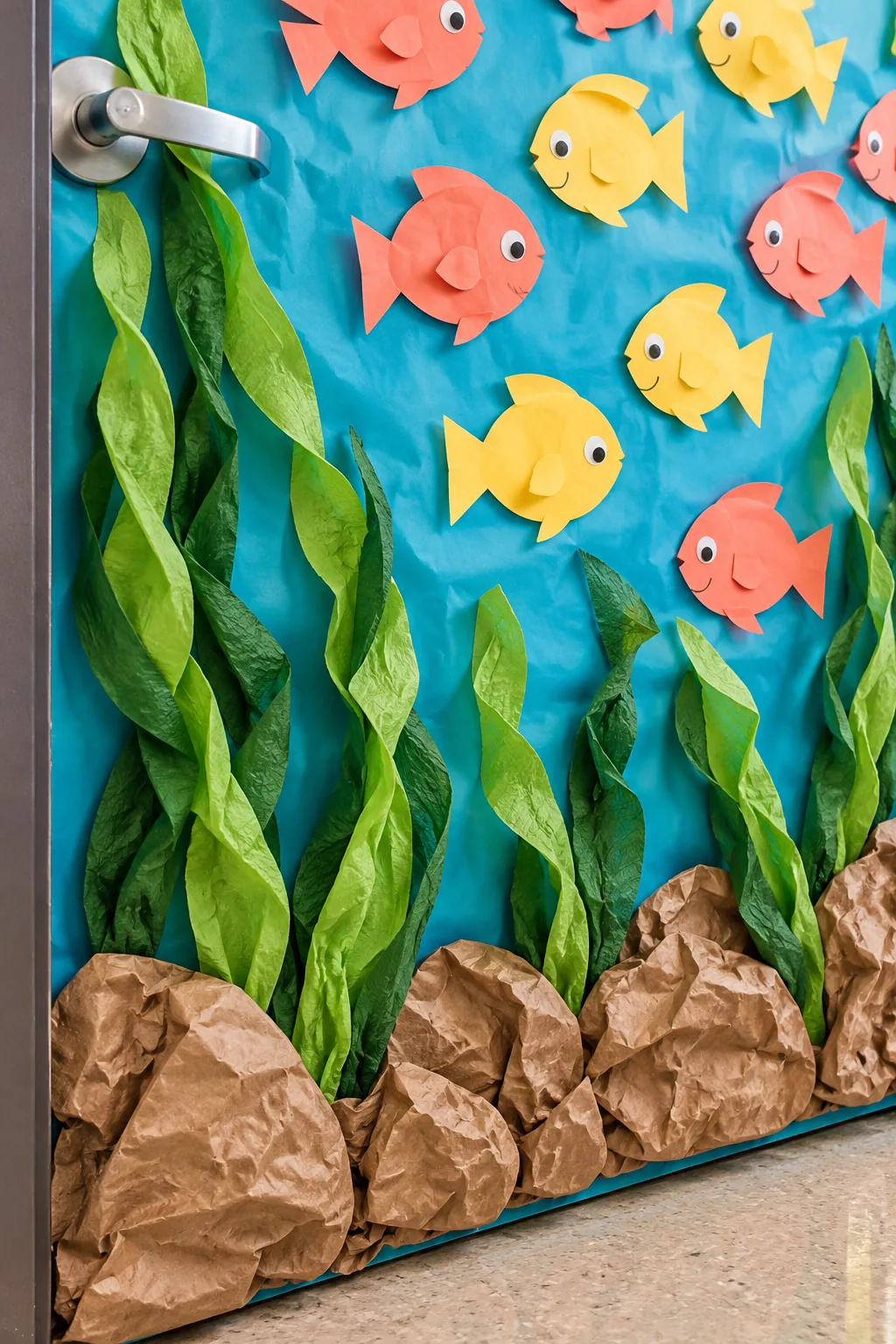 Twisted green crepe paper streamers anchored above crumpled brown paper rocks at the bottom of a door.