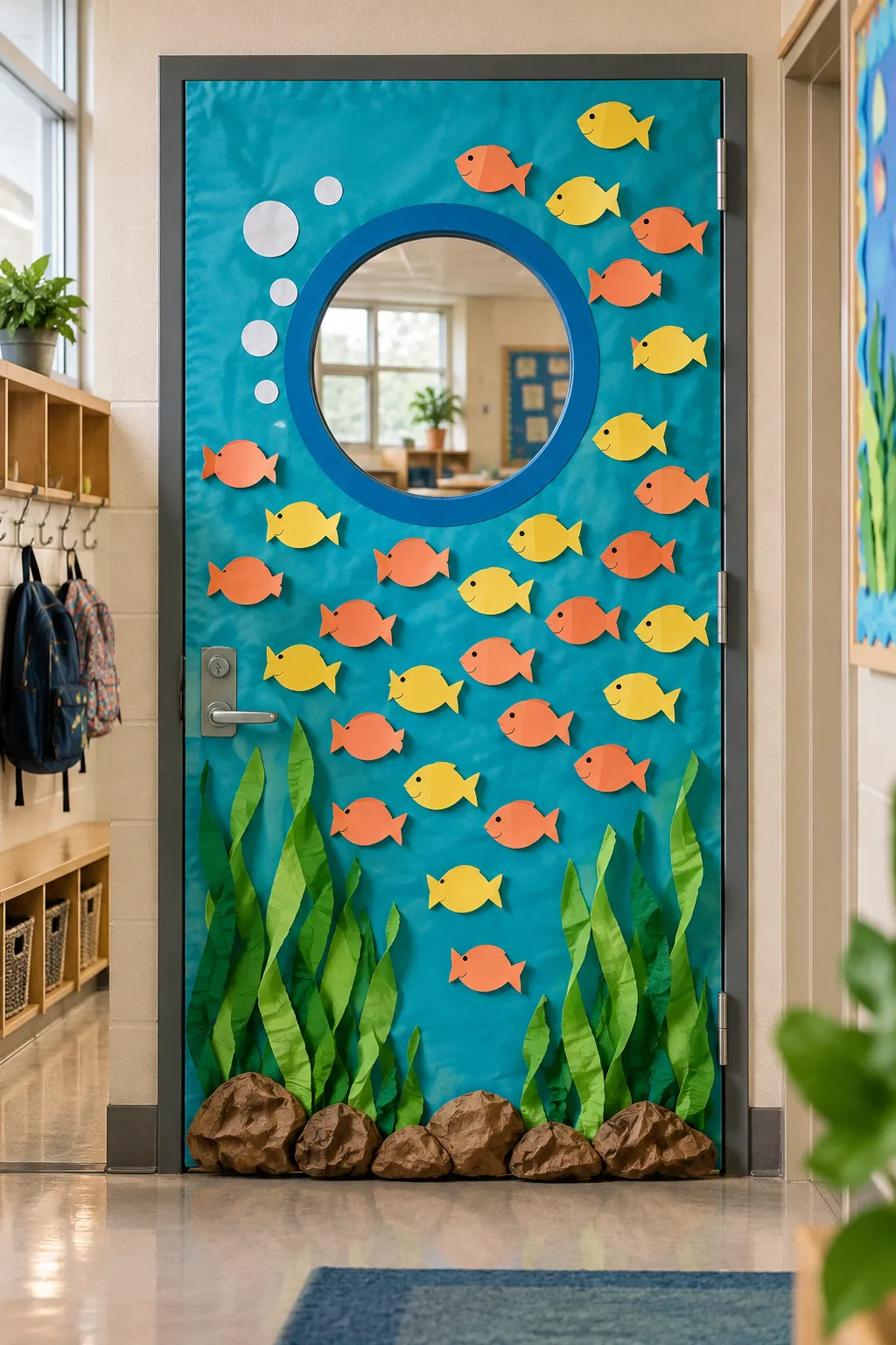 Cluster of coral and yellow paper fish with handwritten names on a turquoise background.