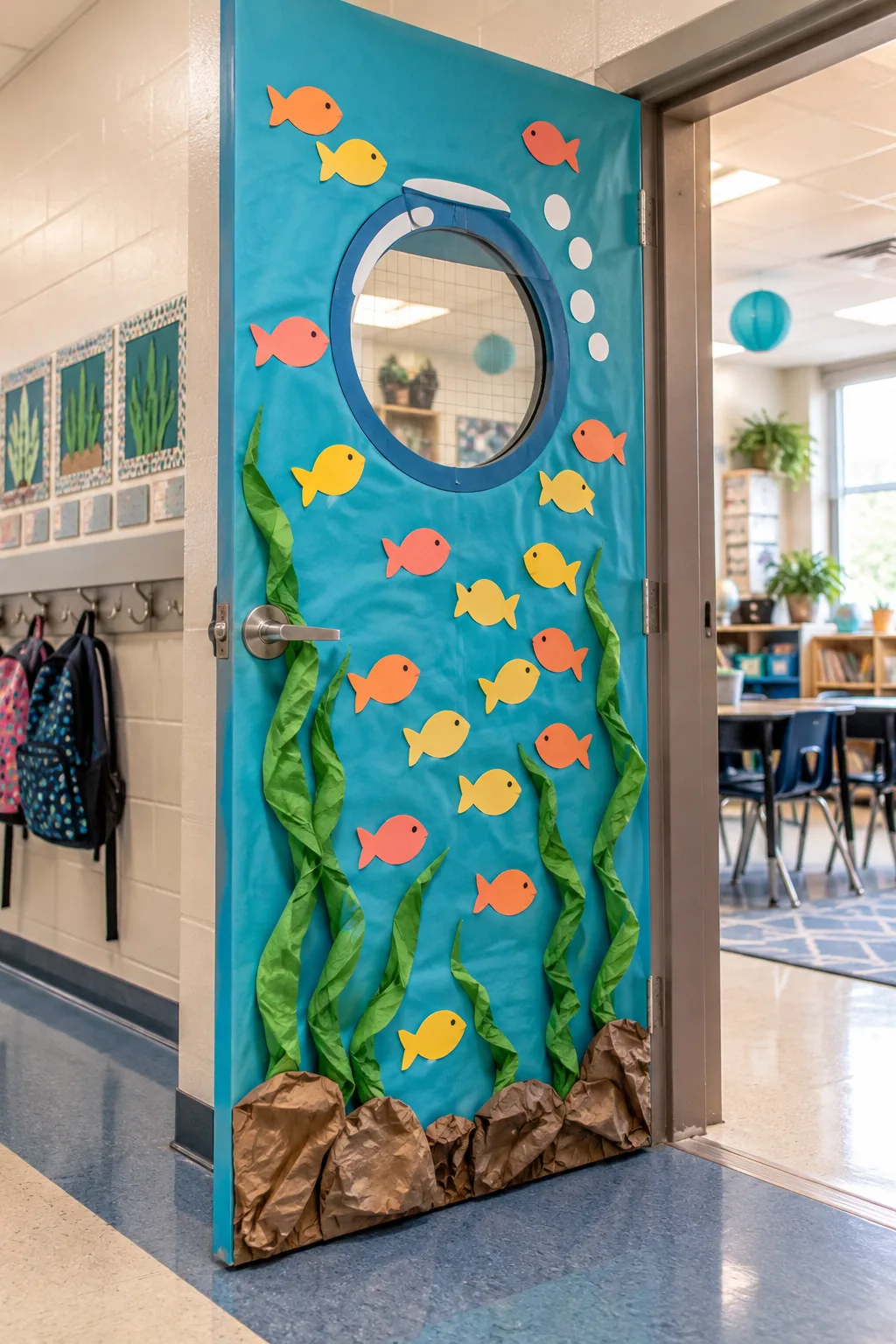 Complete view of an ocean-themed classroom door with a fishbowl window, seaweed, and name fish.