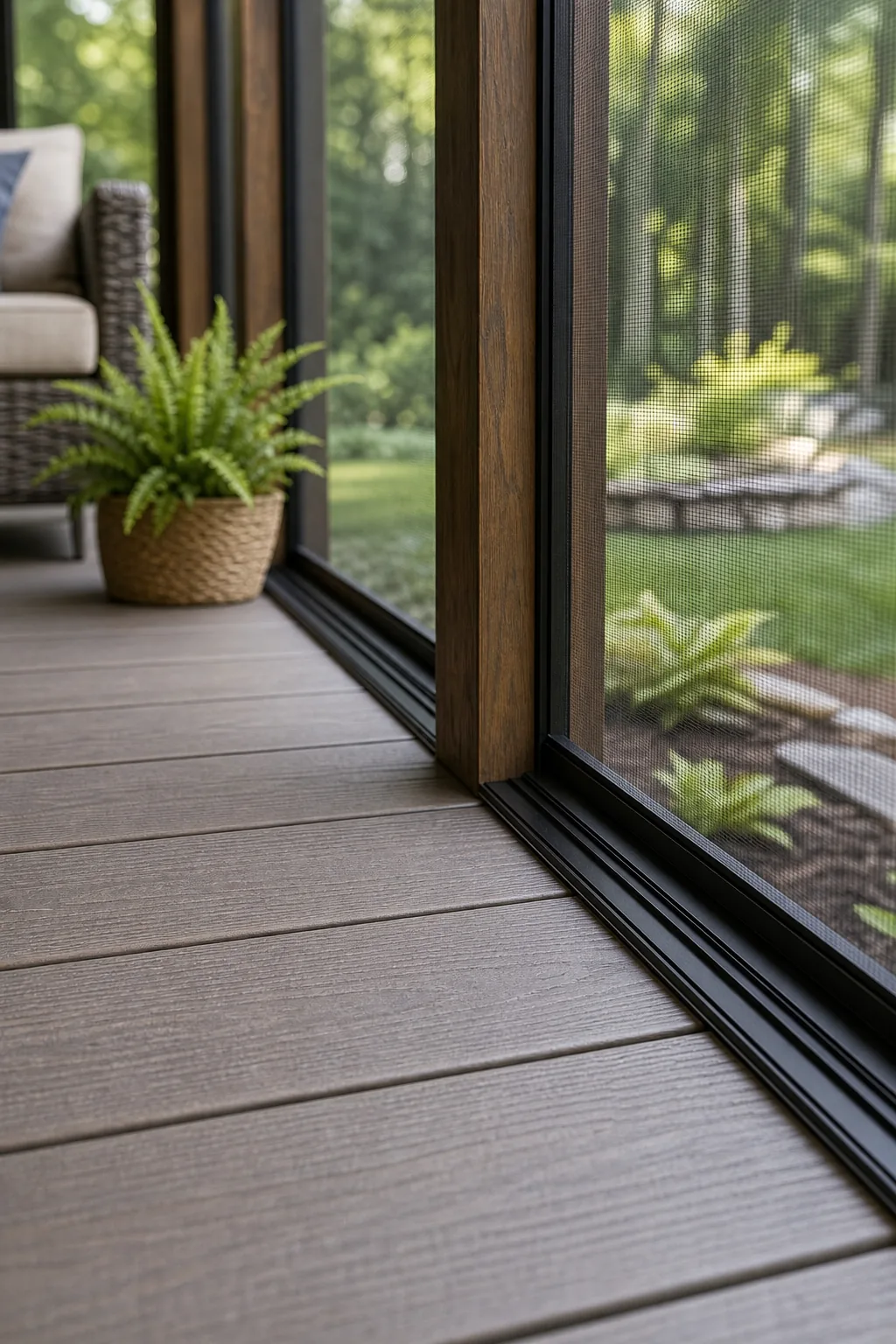 Close-up of grey composite deck boards meeting a dark wooden baseboard.