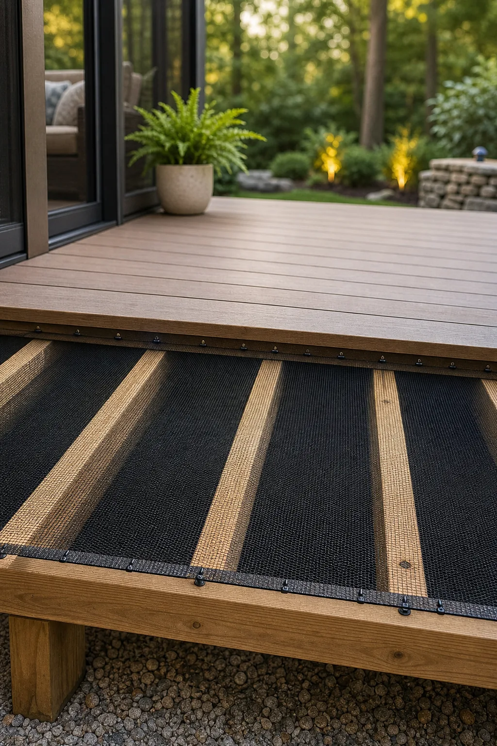 Cross-section view showing black mesh stretched over wooden deck joists.