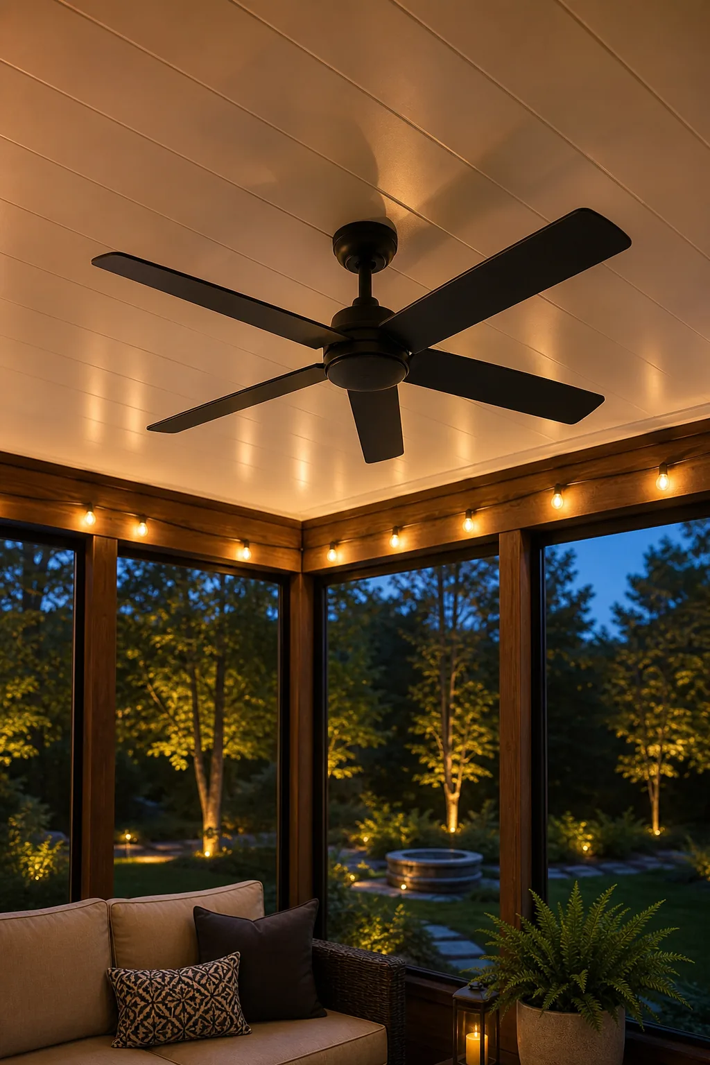 Sleek black outdoor ceiling fan mounted on a solid wood porch ceiling.