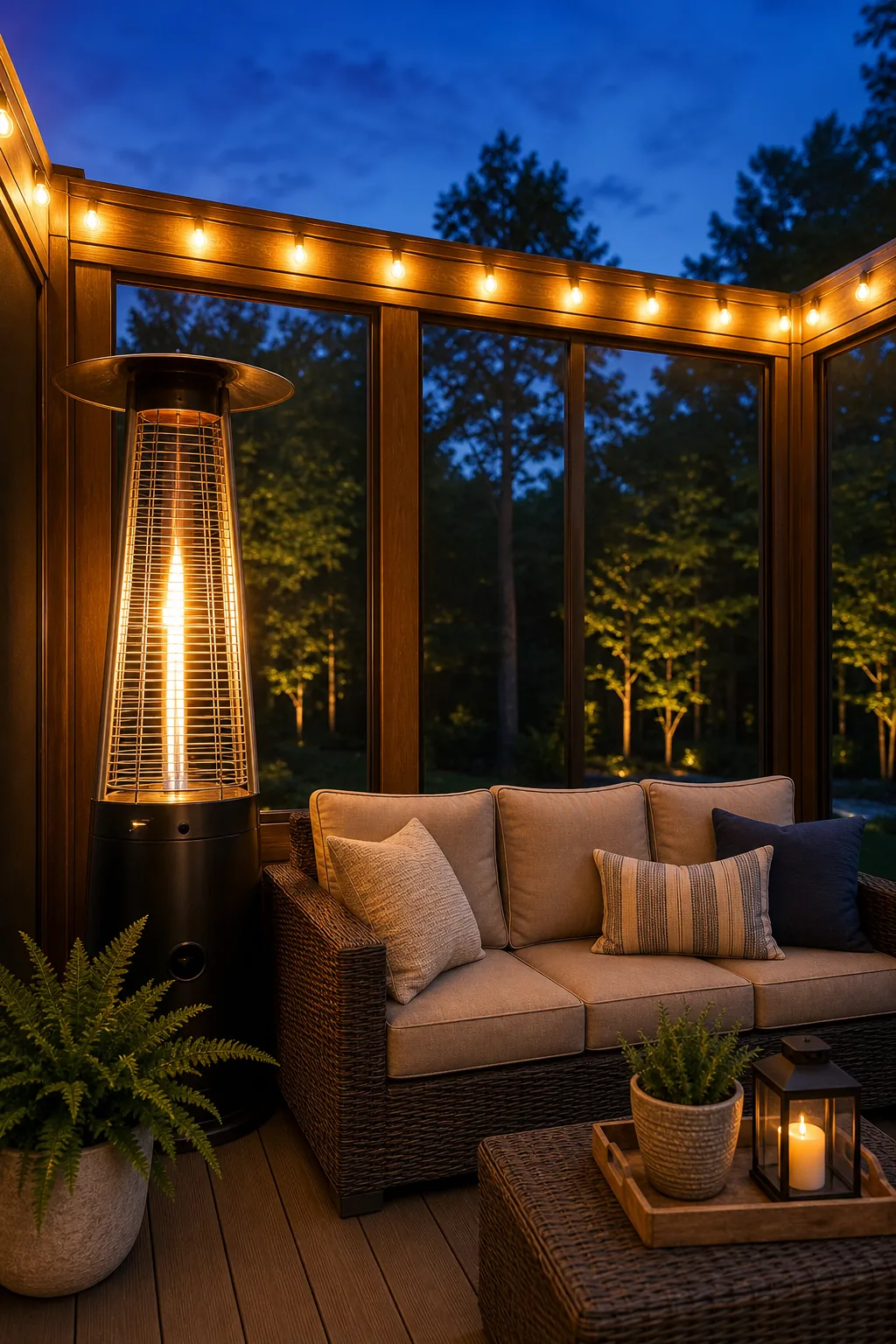 Warm string lights glowing along the top edge of a screened porch.