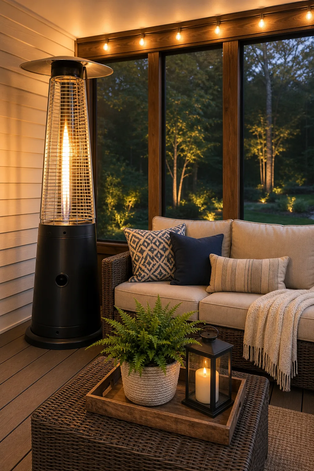 Tall propane patio heater standing next to a wicker outdoor sofa.