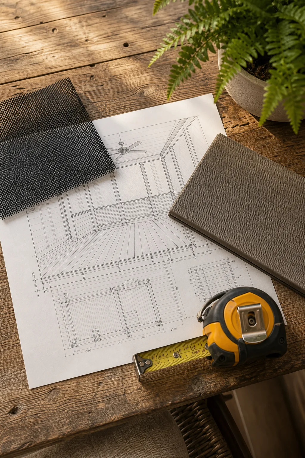 Overhead view of a deck blueprint, mesh swatch, and tape measure.