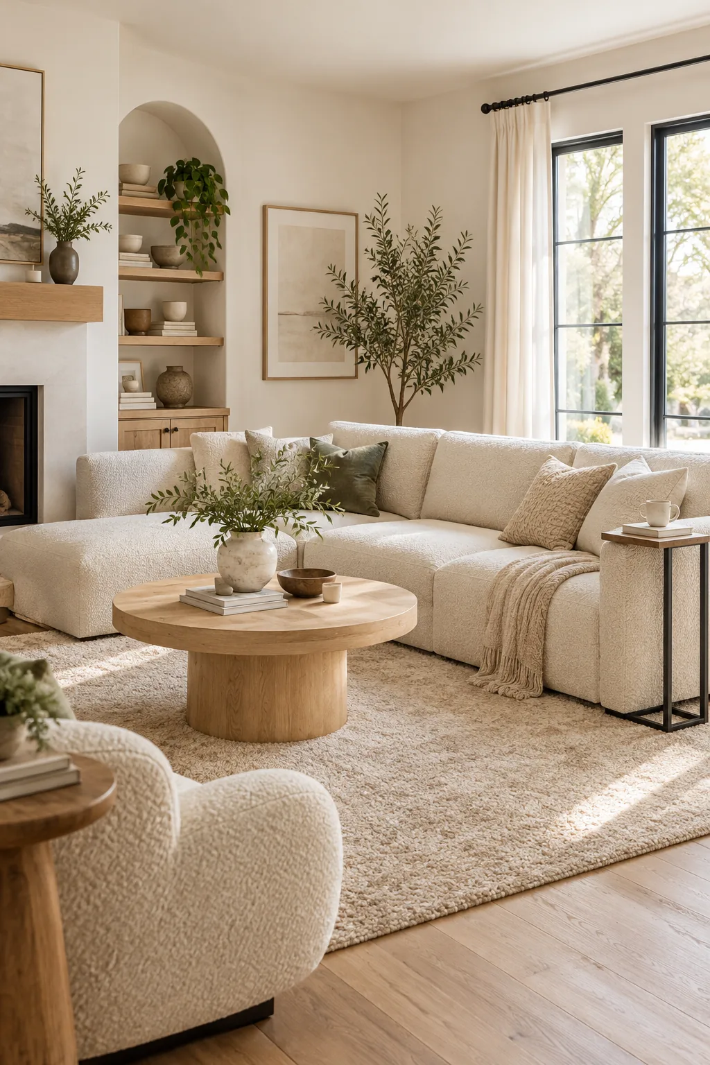 A minimalist living room with a cream bouclé sectional and light oak coffee table.