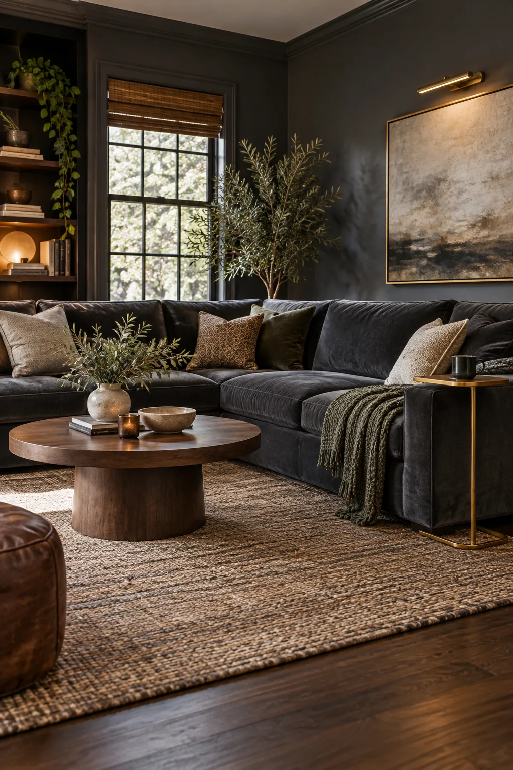 A moody living room with a charcoal velvet sectional and dark gray walls.