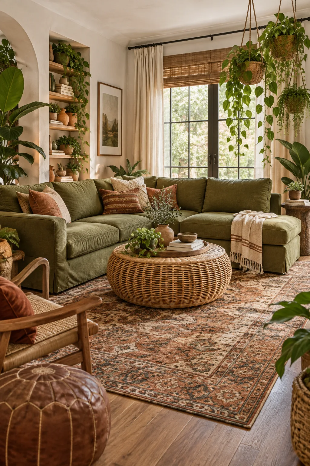 A boho living room with an olive green sectional, rattan table, and vintage rug.