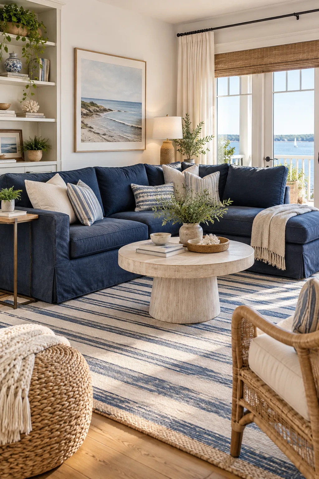 A coastal living room with a navy slipcovered sectional and a striped rug.