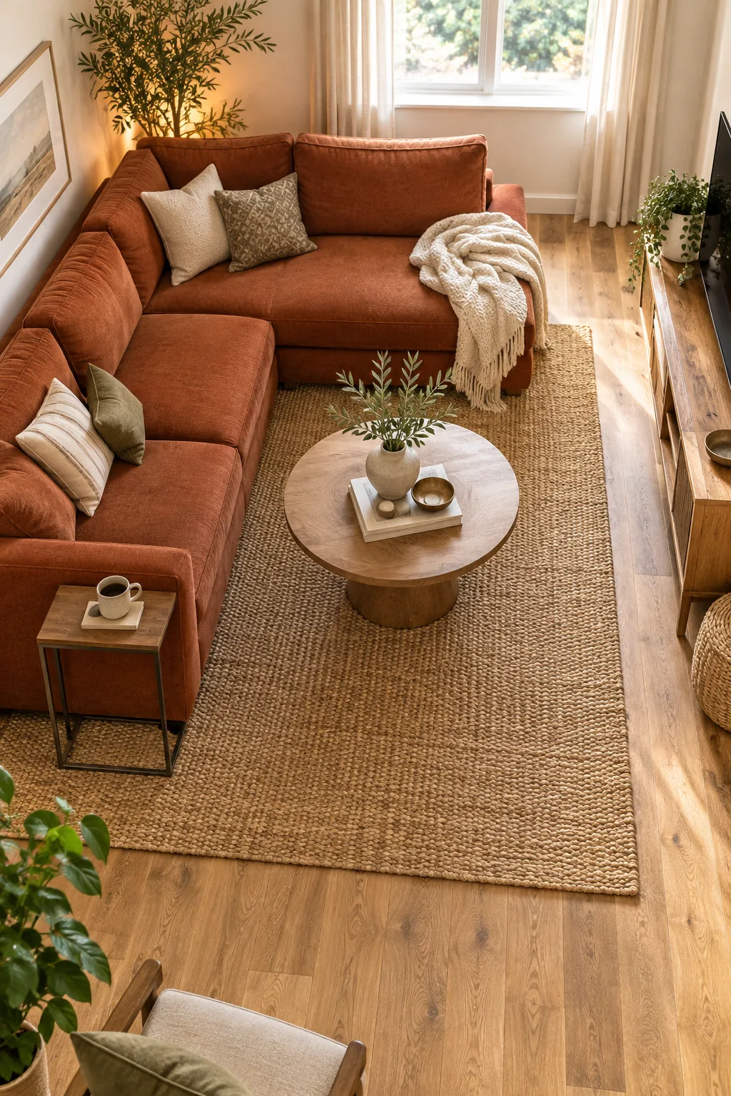 A clear wooden walkway alongside an orange sectional and a textured jute rug.