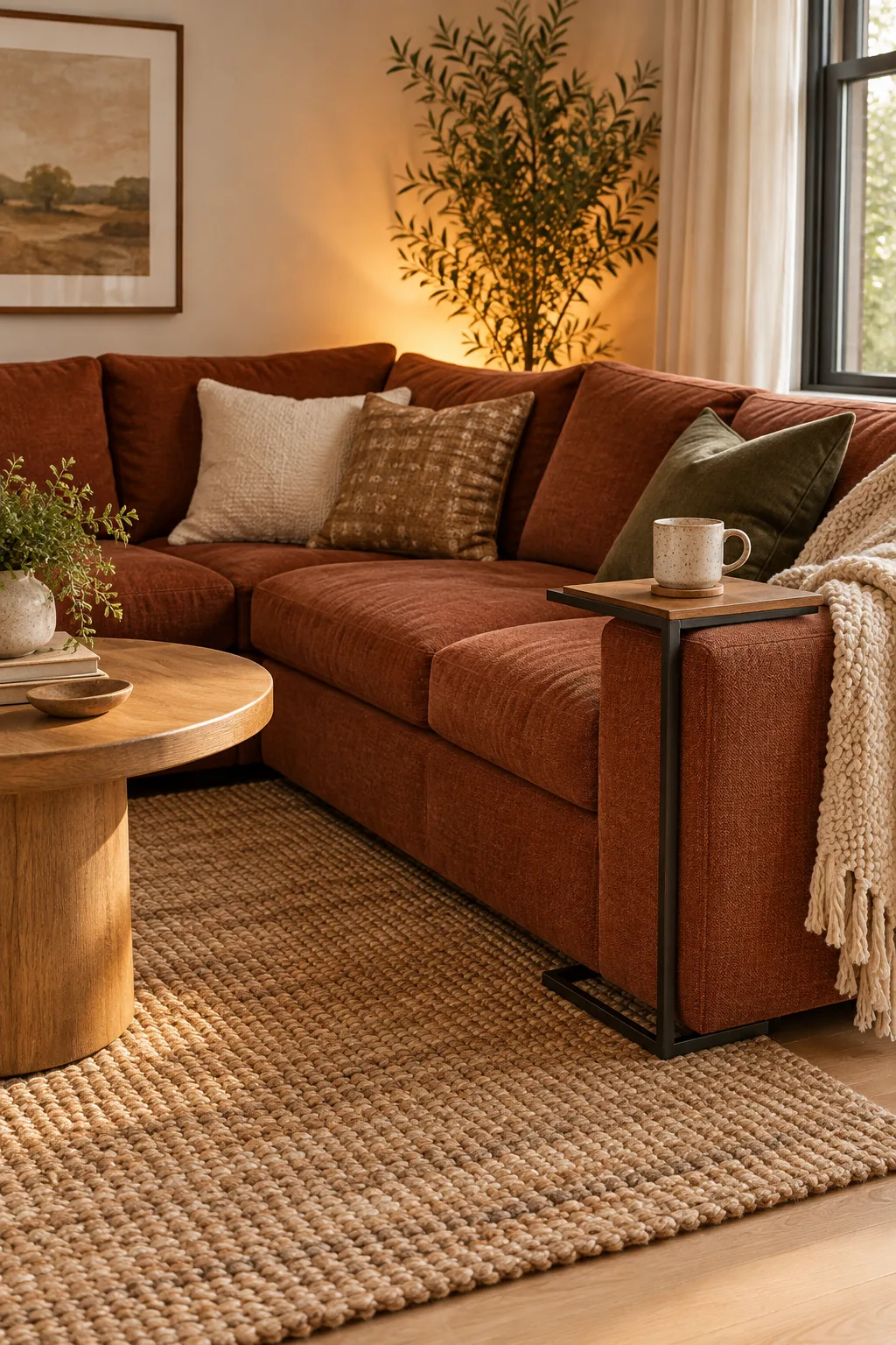A slim wood and metal C-table holding a mug, tucked over the arm of a rust-colored sofa.