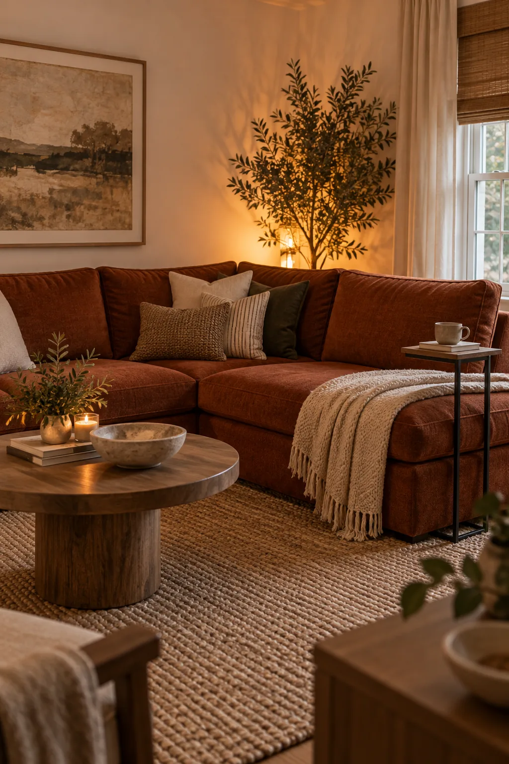 Warm light glowing from behind the corner of an orange sectional, illuminating the wall and a potted plant.