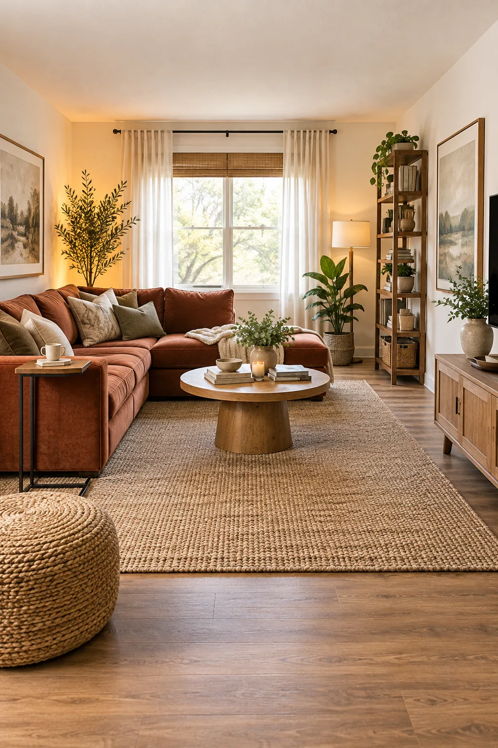 A balanced living room with a rust sectional on one side and a tall wooden bookshelf on the other.