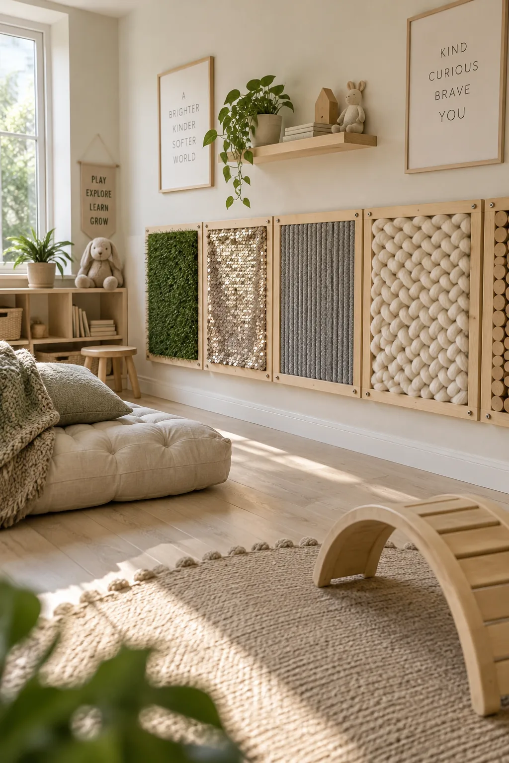Wooden frames mounted on a wall featuring different textures like faux grass and sequins