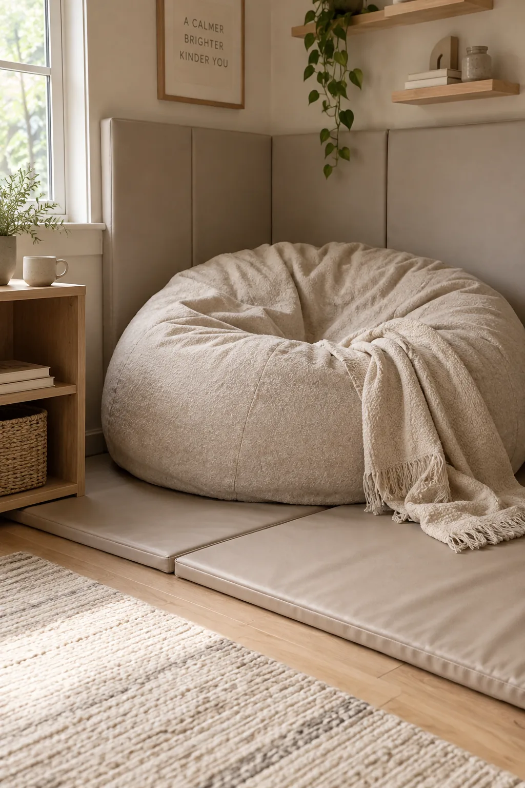 A large foam crash pad in a corner with padded gym mats on the walls