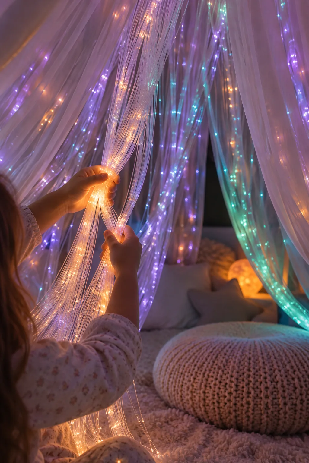 Color-changing fiber optic light strands draped over a sheer bed canopy
