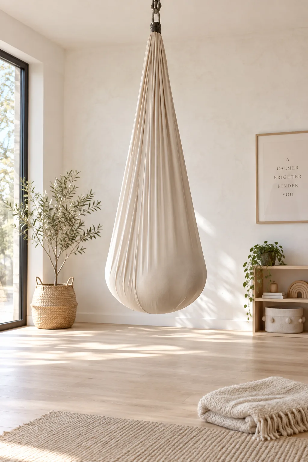 A blue stretchy fabric therapy swing hanging from a ceiling mount in a playroom