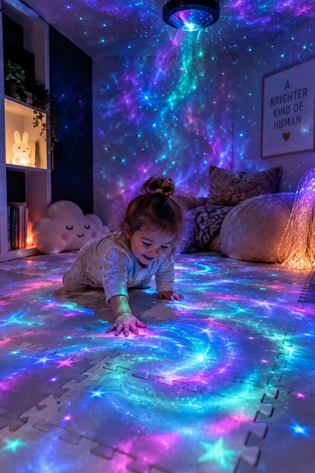 A galaxy light projector aiming blue and green moving stars onto a white floor mat