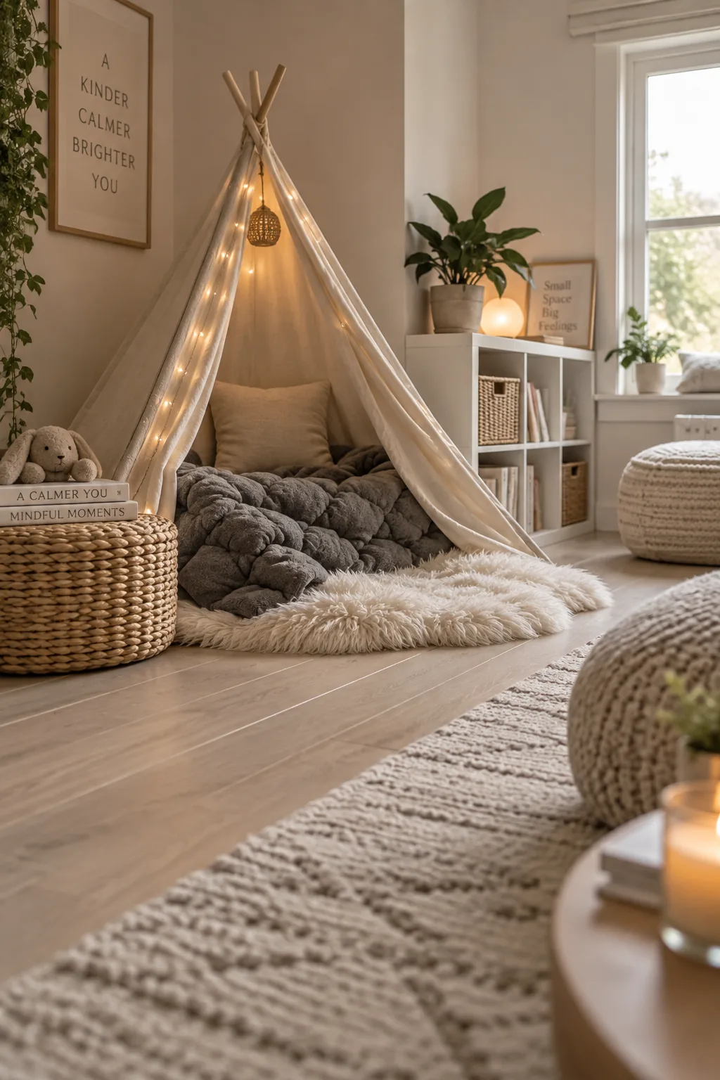 A small indoor play tent filled with a faux fur rug and a gray weighted blanket