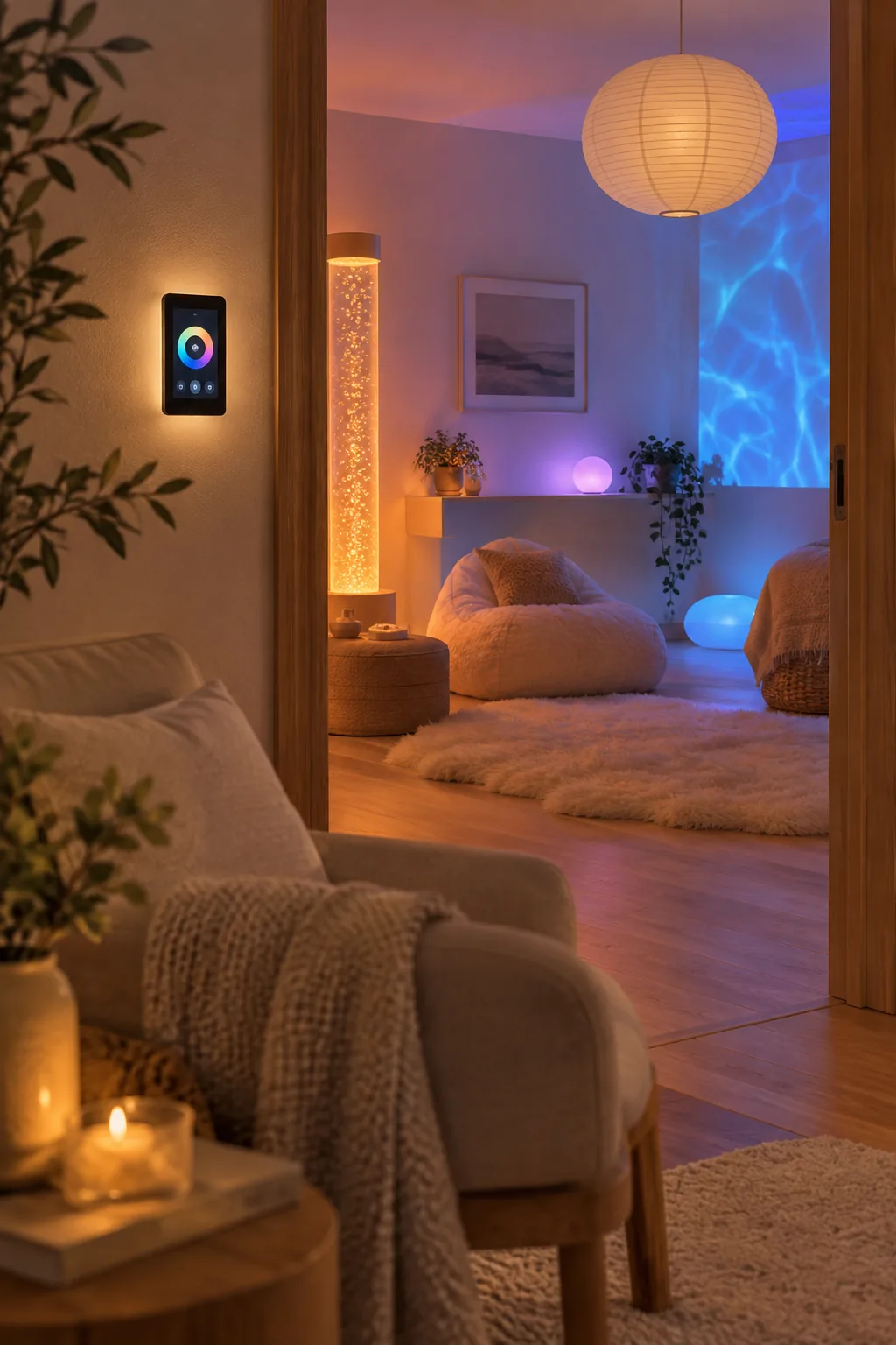 A room illuminated by soft amber lighting from a smart LED floor lamp