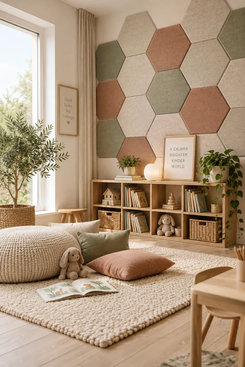 Hexagon-shaped acoustic felt tiles arranged in a honeycomb pattern on a wall