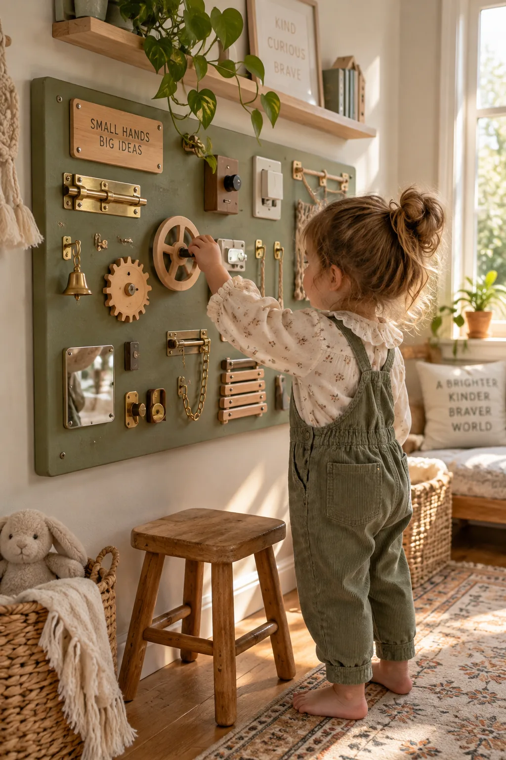 A wooden board painted sage green featuring metal latches, wheels, and switches