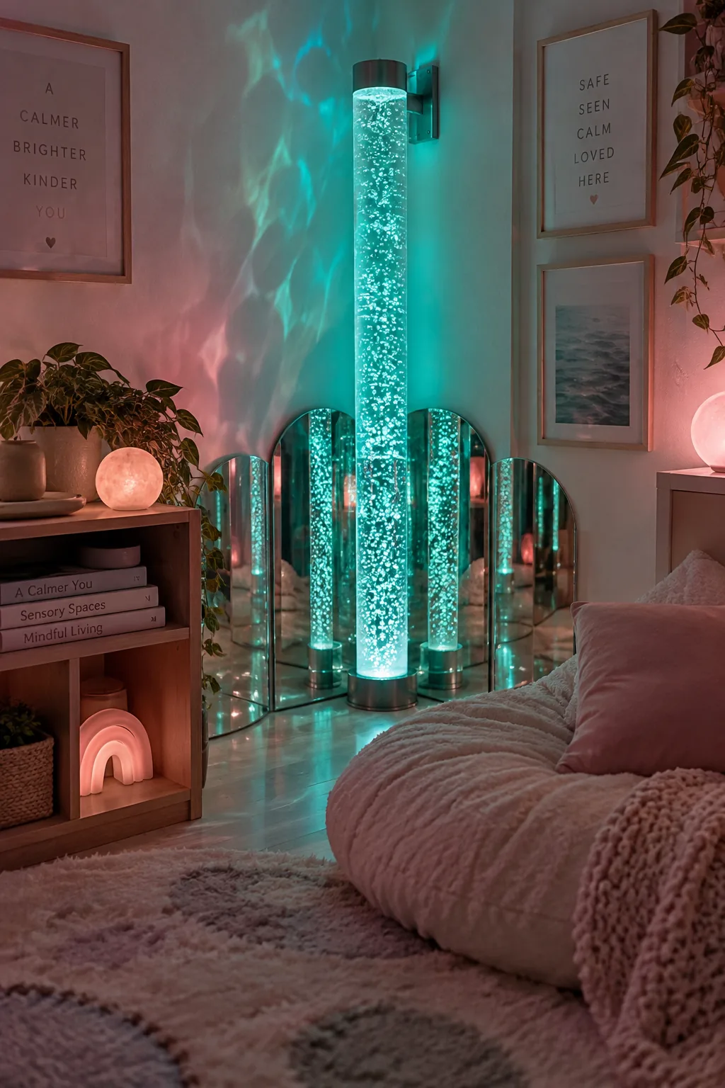 A tall glowing water bubble tube secured to a wall next to acrylic mirrors