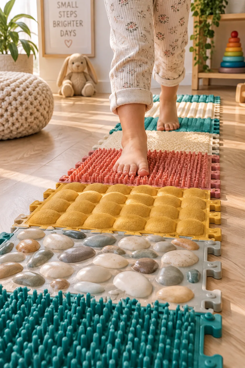 Interlocking floor mats featuring different textures like fake stones and rubber bristles