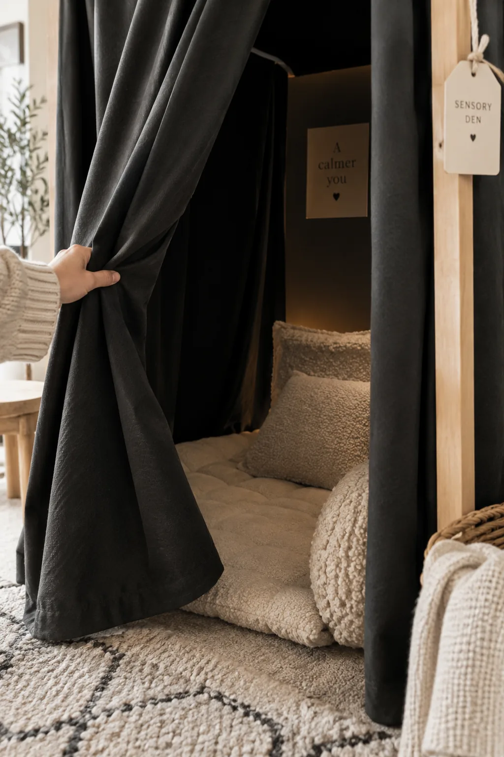 A small enclosure made of black blackout curtains over a frame with a pillow inside