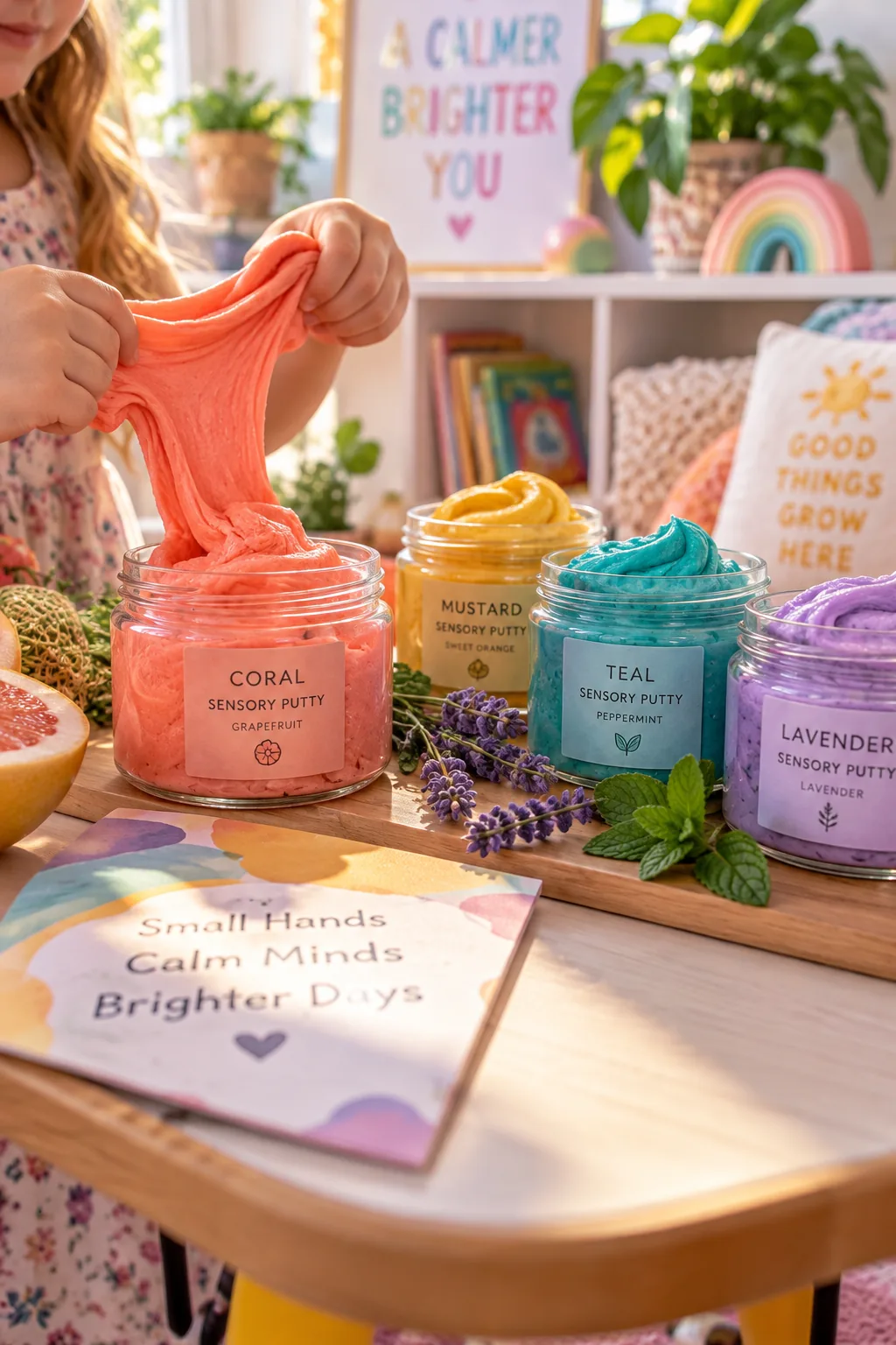 Small glass jars filled with different colored putties on a wooden desk