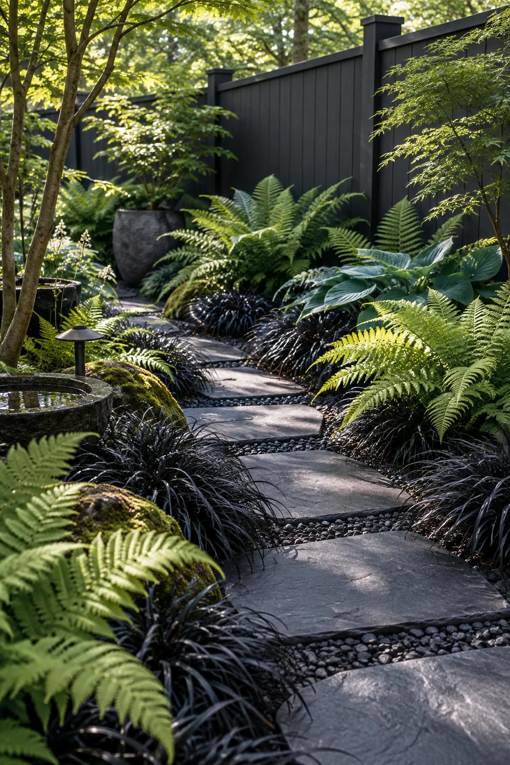A modern shade garden with dark slate stones, architectural ferns, and a charcoal fence.