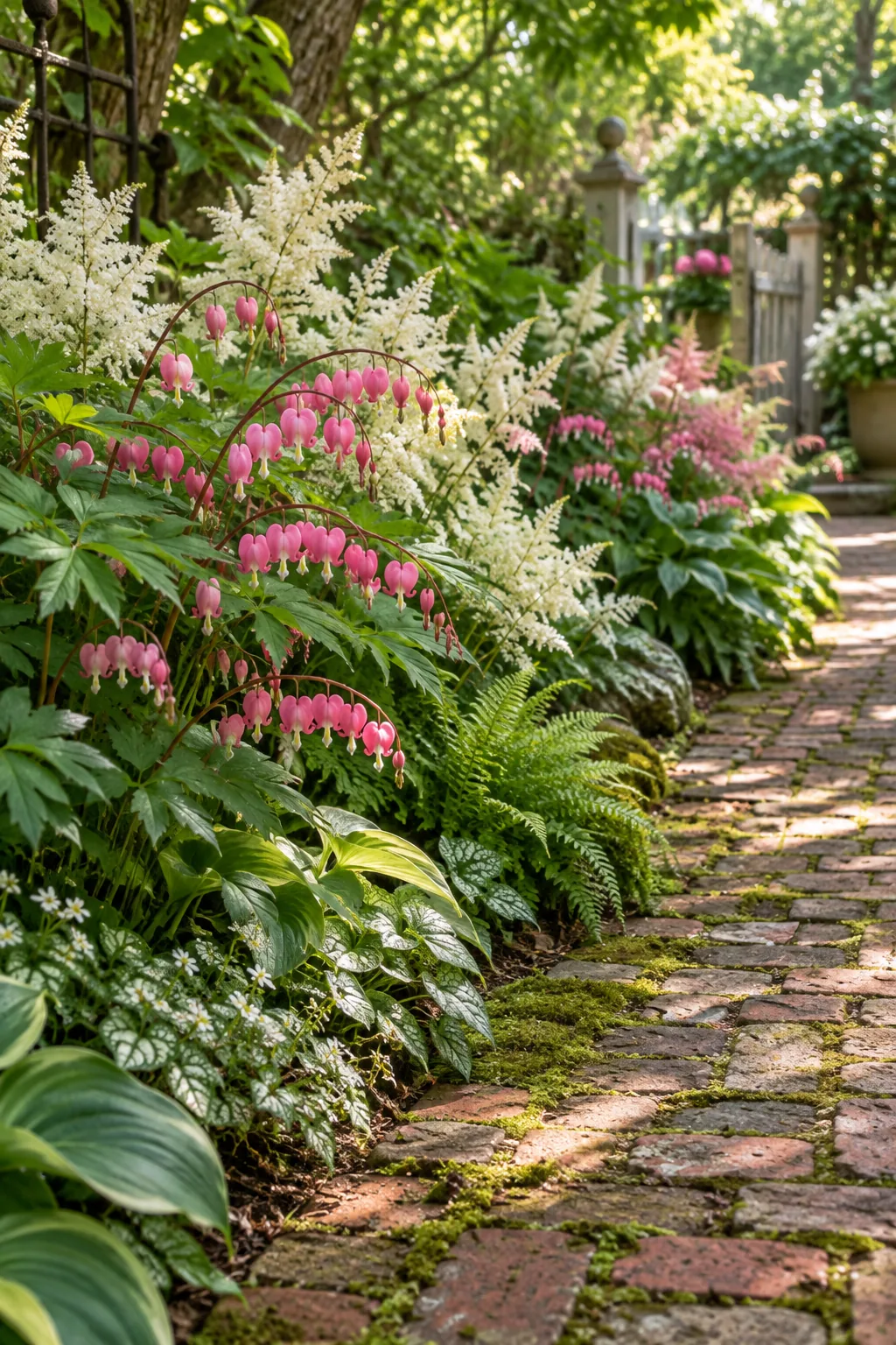 A cottage-style shade garden featuring pink bleeding hearts and white astilbe next to a brick path.