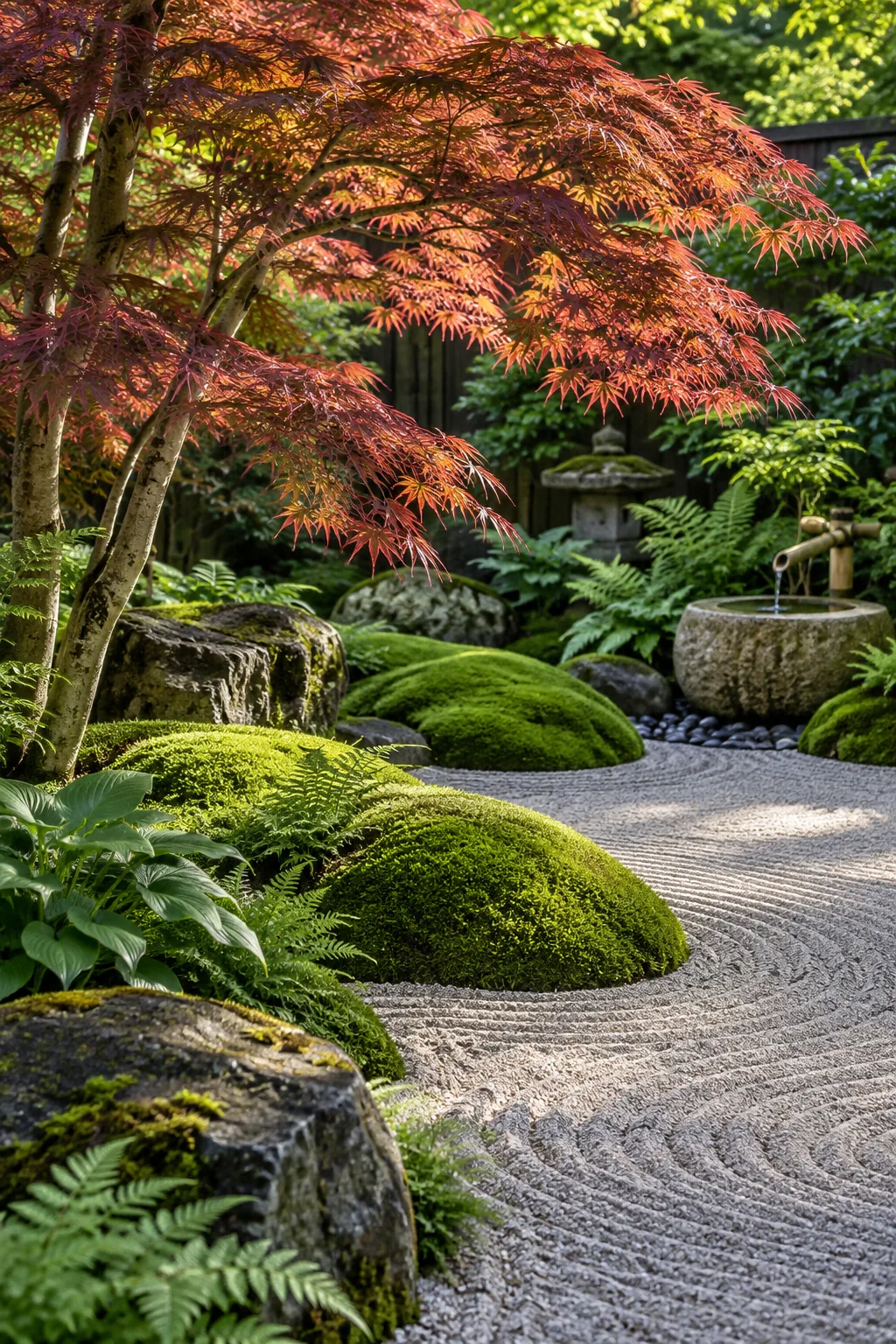 A Japanese-style shade garden with a delicate maple tree, moss mounds, and raked gravel.