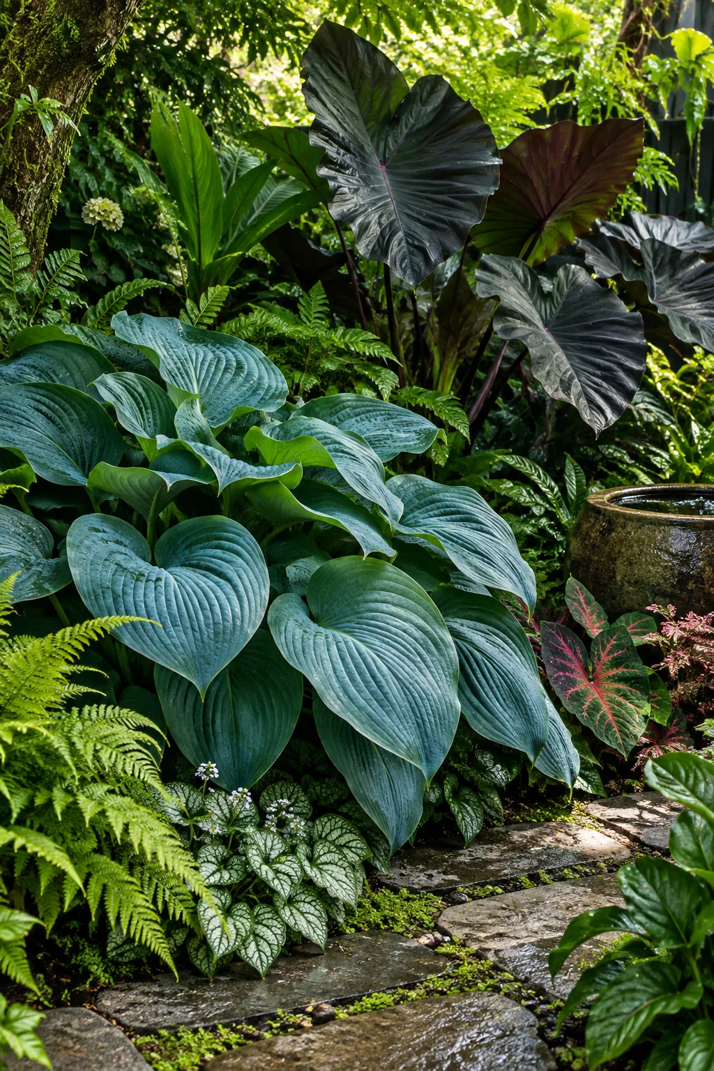 A tropical-style shade garden filled with massive hostas and giant elephant ear leaves.