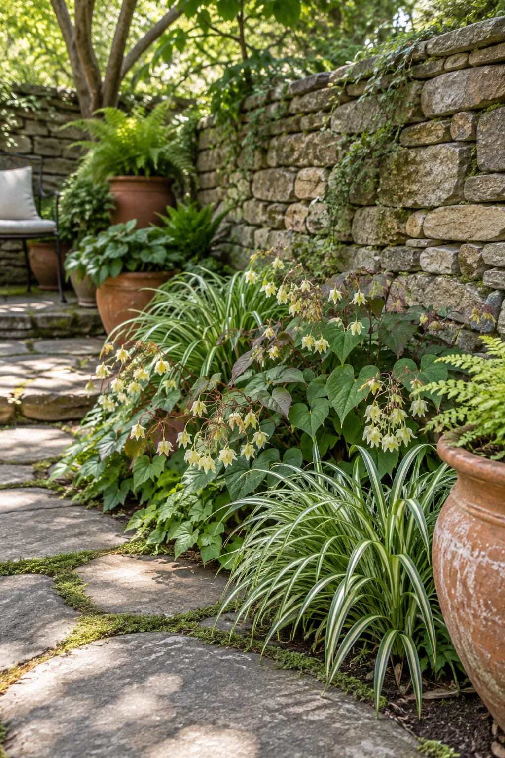 A dry shade courtyard with tough plants growing near a stone wall and terracotta pots.