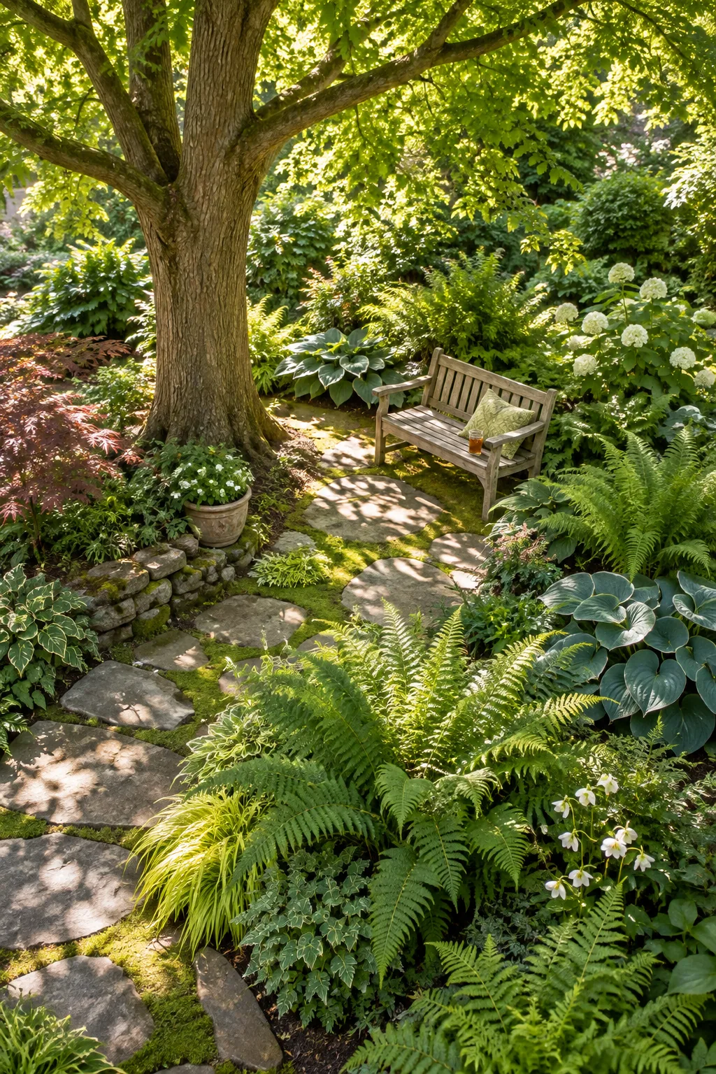 Bright dappled sunlight illuminating bright green fern fronds in a shaded garden bed.