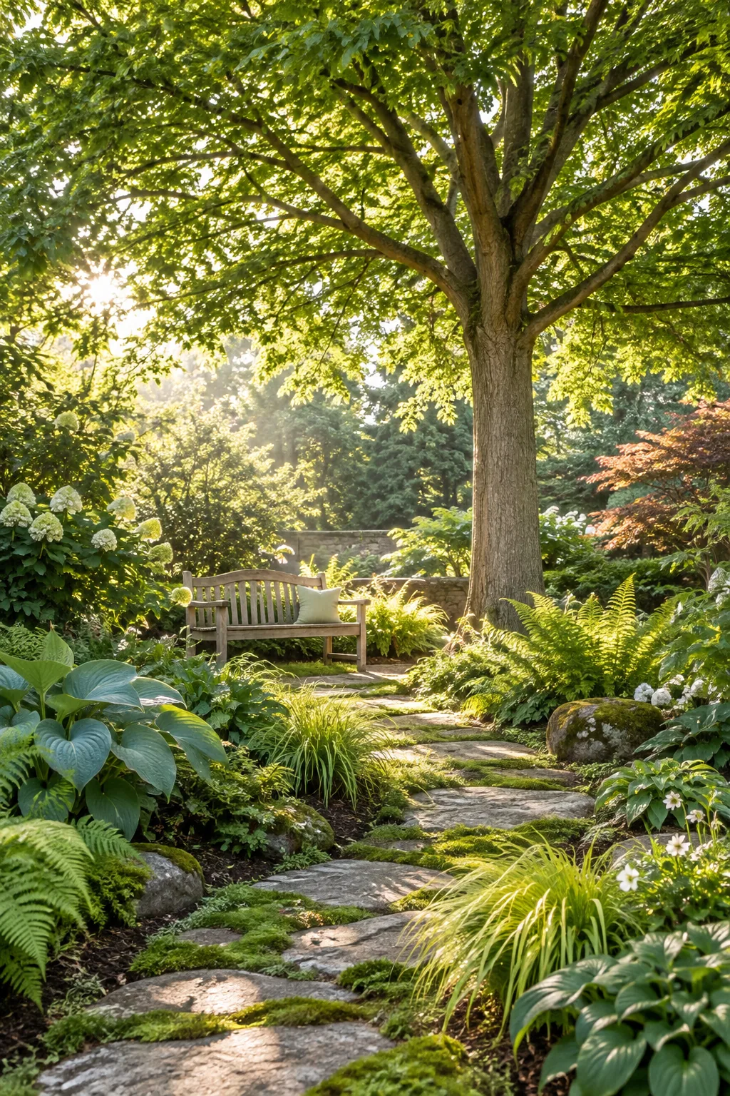 A large tree with its lower branches pruned away, revealing a bright seating area beneath the canopy.