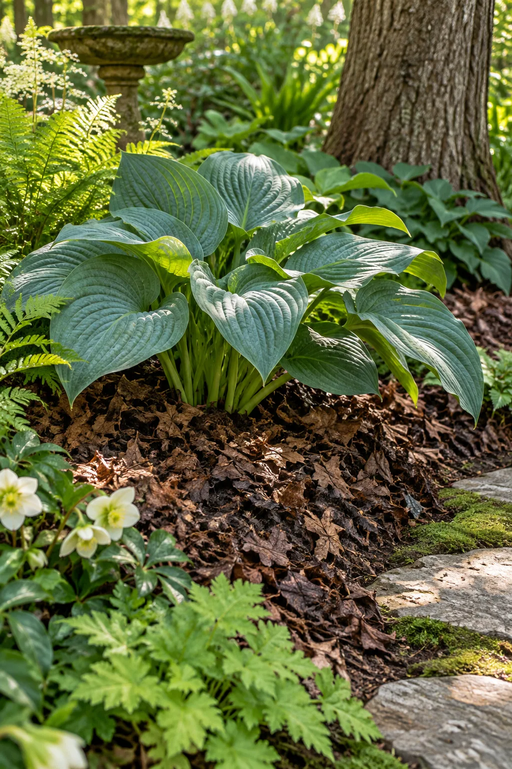 Thick green moss growing lushly between irregular flagstone stepping stones on a shaded path.