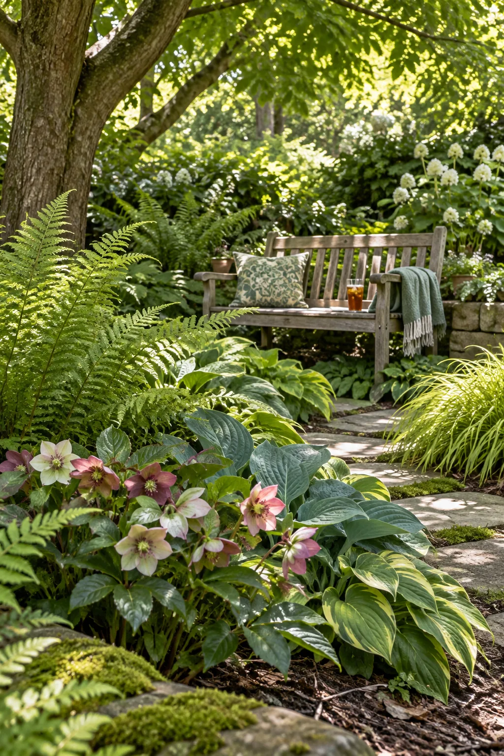 A beautifully layered shade garden with ferns and hostas framing a wooden bench.