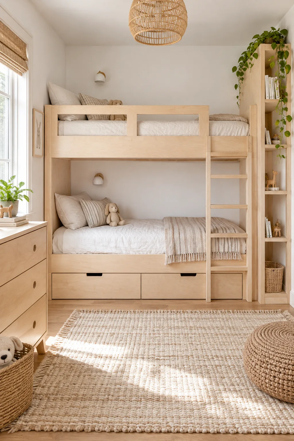Modern birch plywood bunk beds in a neutral Scandinavian style kids room.
