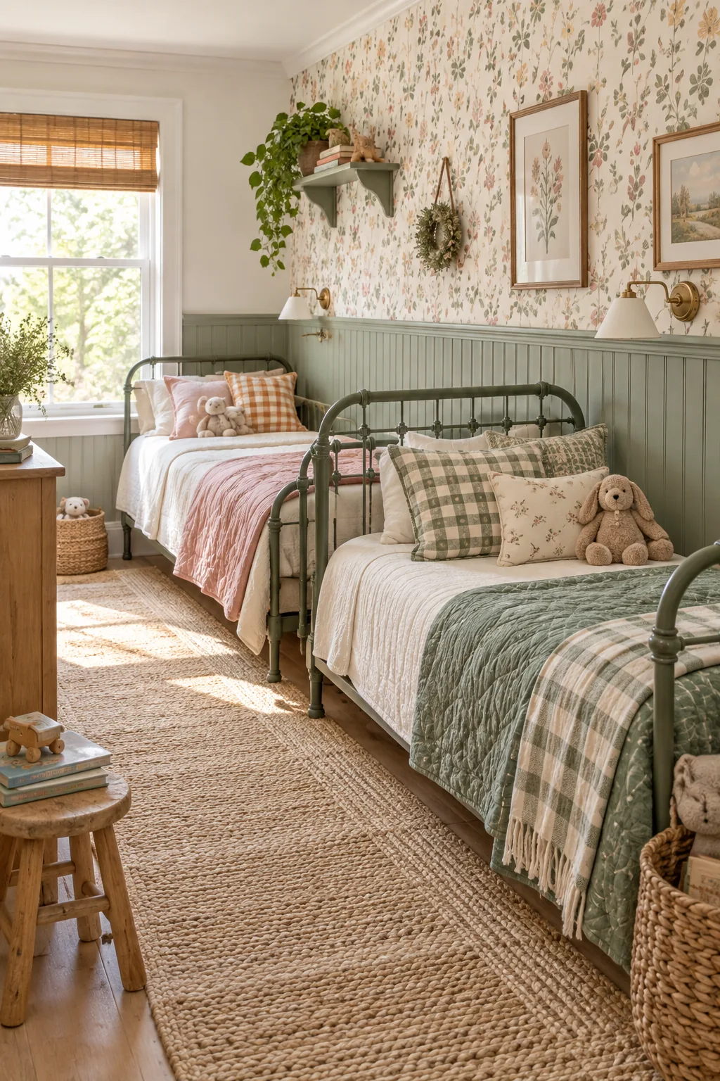 Two vintage iron twin beds placed end-to-end against a wall with floral wallpaper.