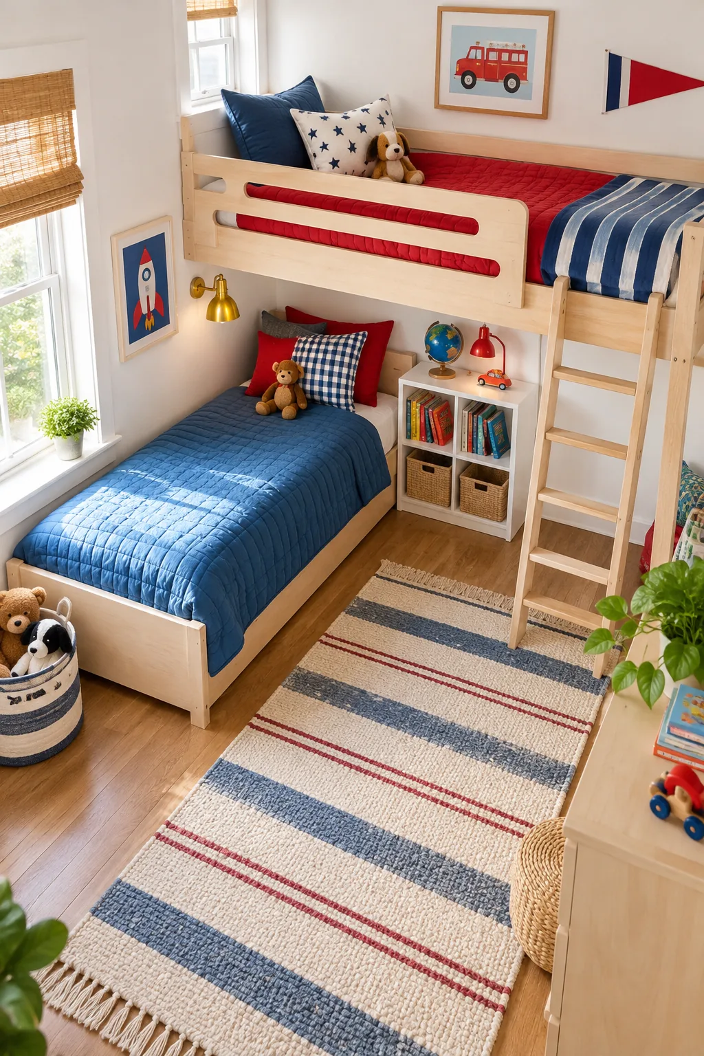 A high loft bed positioned perpendicular over a lower twin bed in a room with red and blue accents.