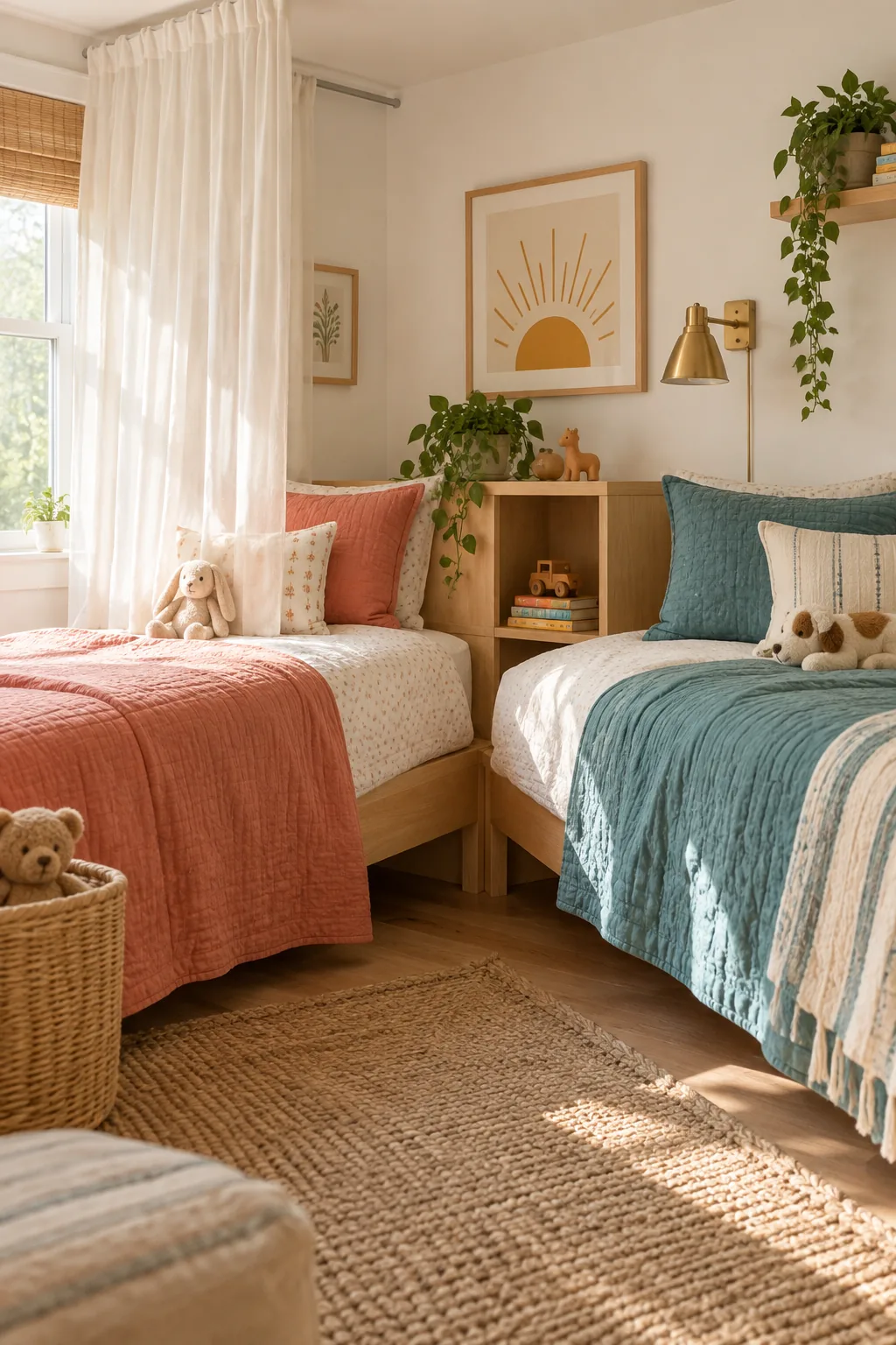 Two twin beds meeting in an L-shape at a square wooden corner shelf holding children's books.