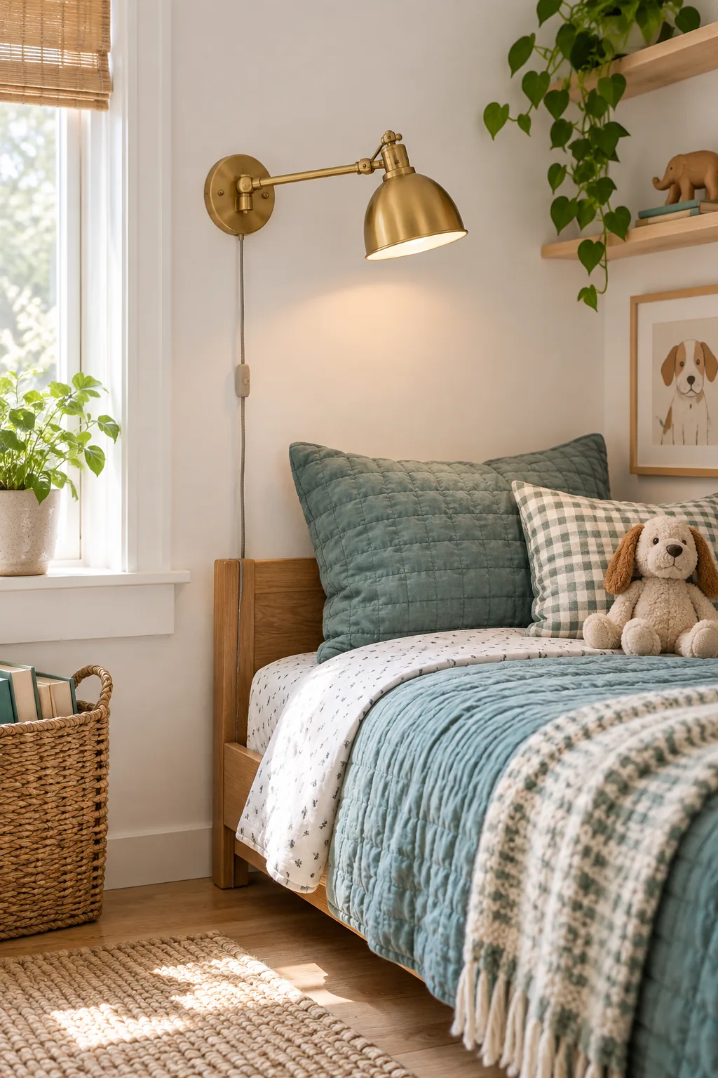 Sheer white curtain pulled half-closed on a ceiling track around a twin bed with coral bedding.